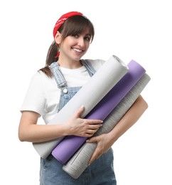 Photo of Beautiful woman with wallpaper rolls on white background