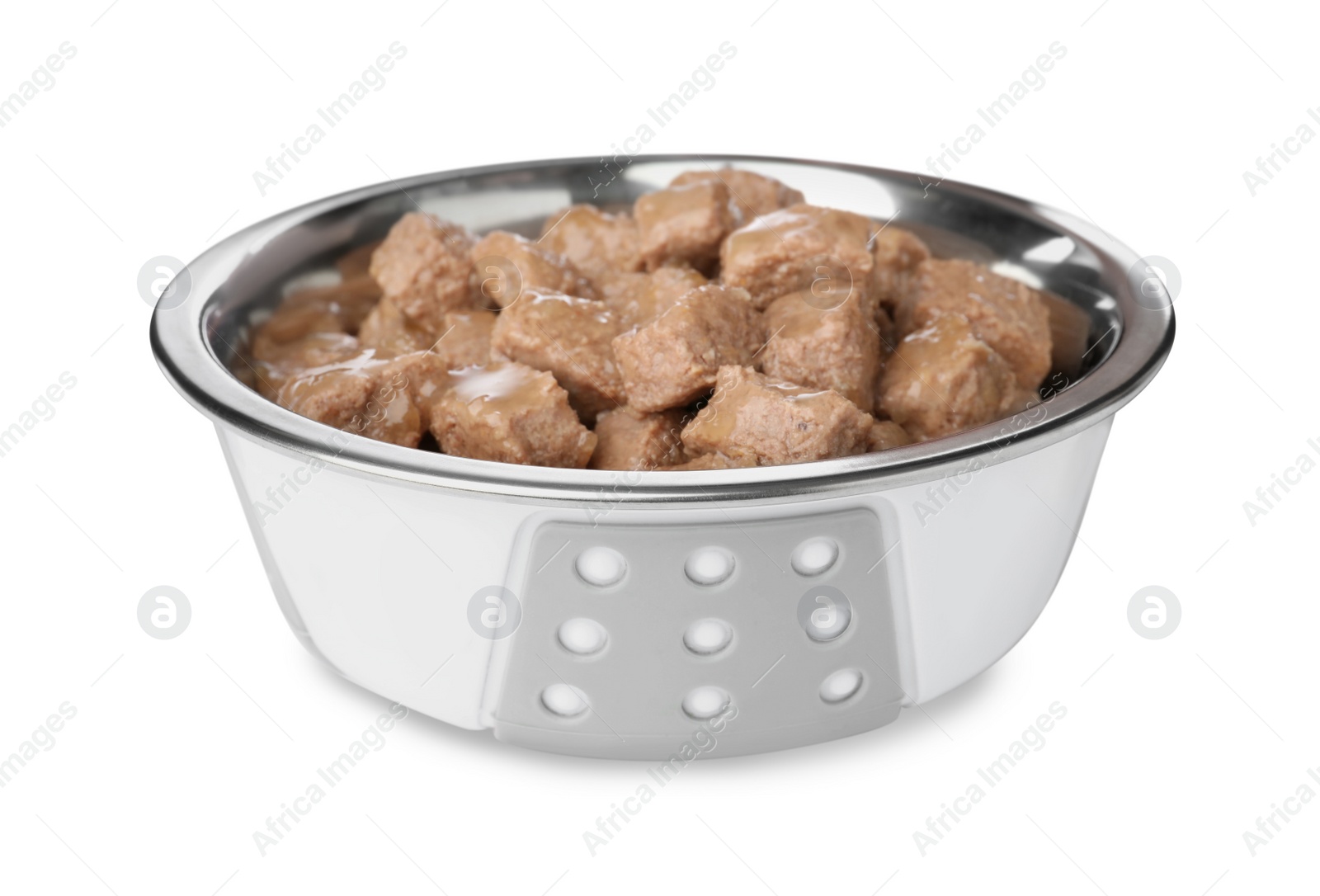 Photo of Wet pet food in feeding bowl isolated on white