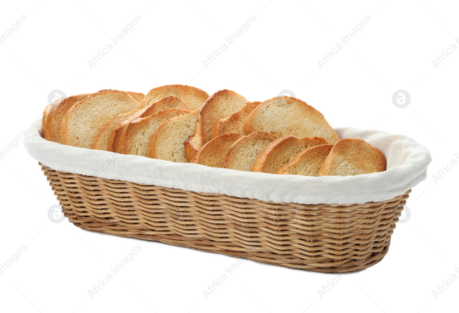 Photo of Slices of toasted bread in basket on white background