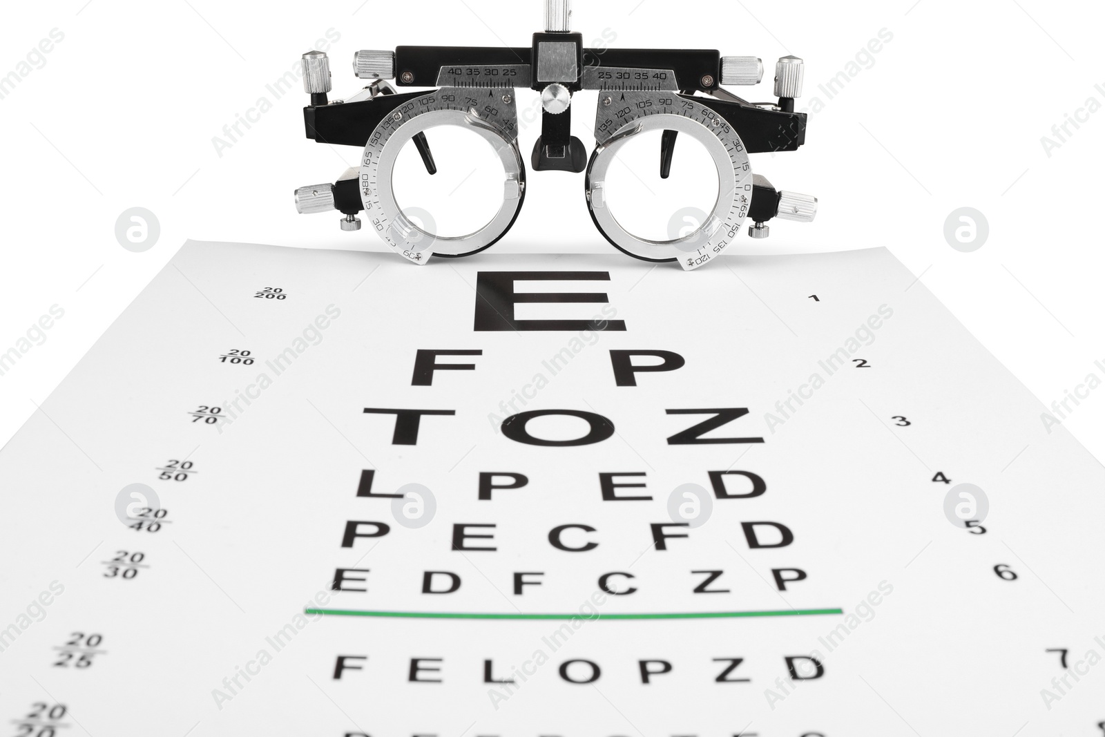 Photo of Trial frame and vision test chart isolated on white