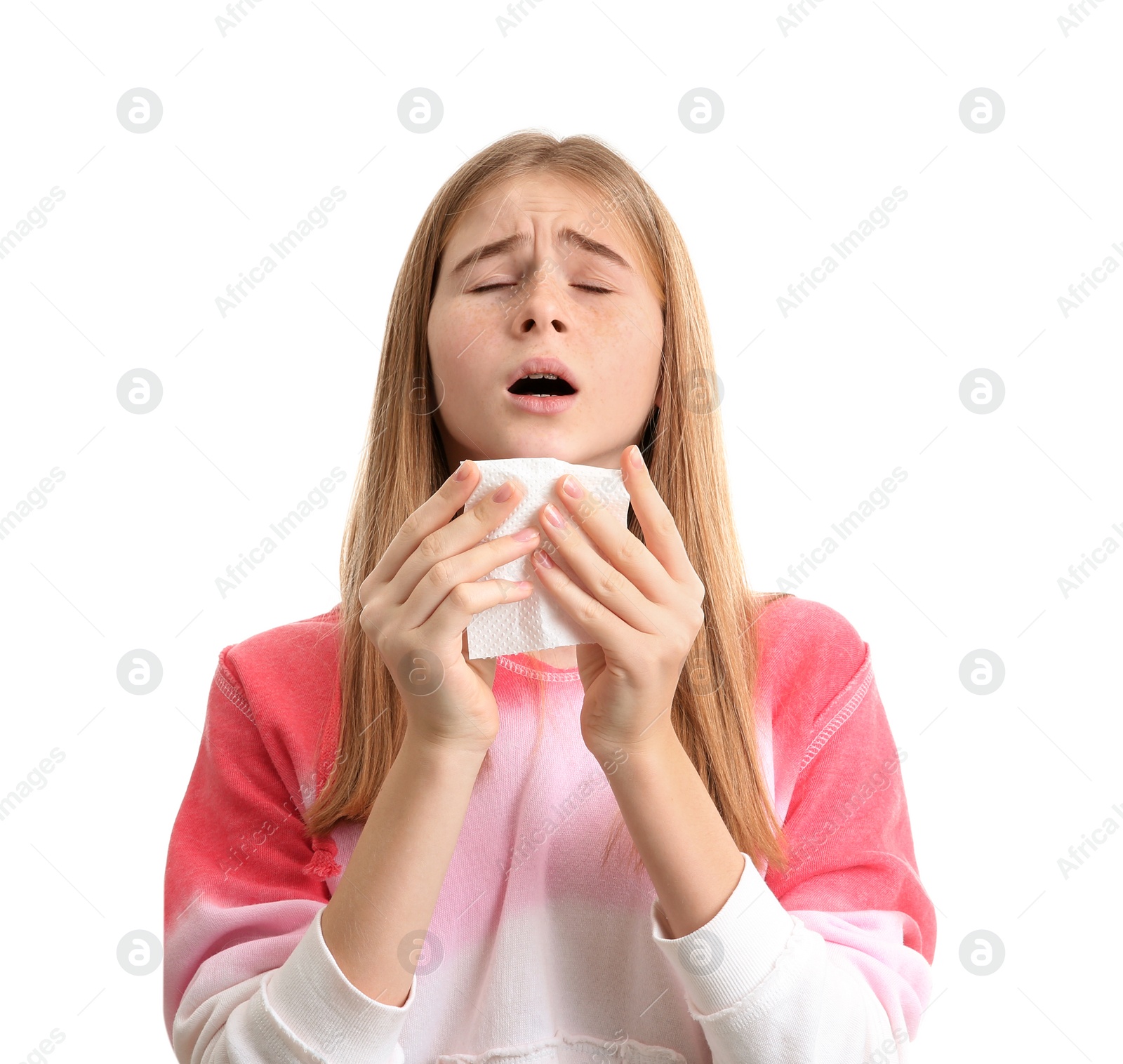 Photo of Teenage girl suffering from cough isolated on white