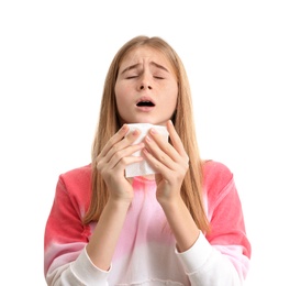 Teenage girl suffering from cough isolated on white