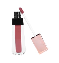 Photo of Lip gloss and applicator isolated on white. Cosmetic product