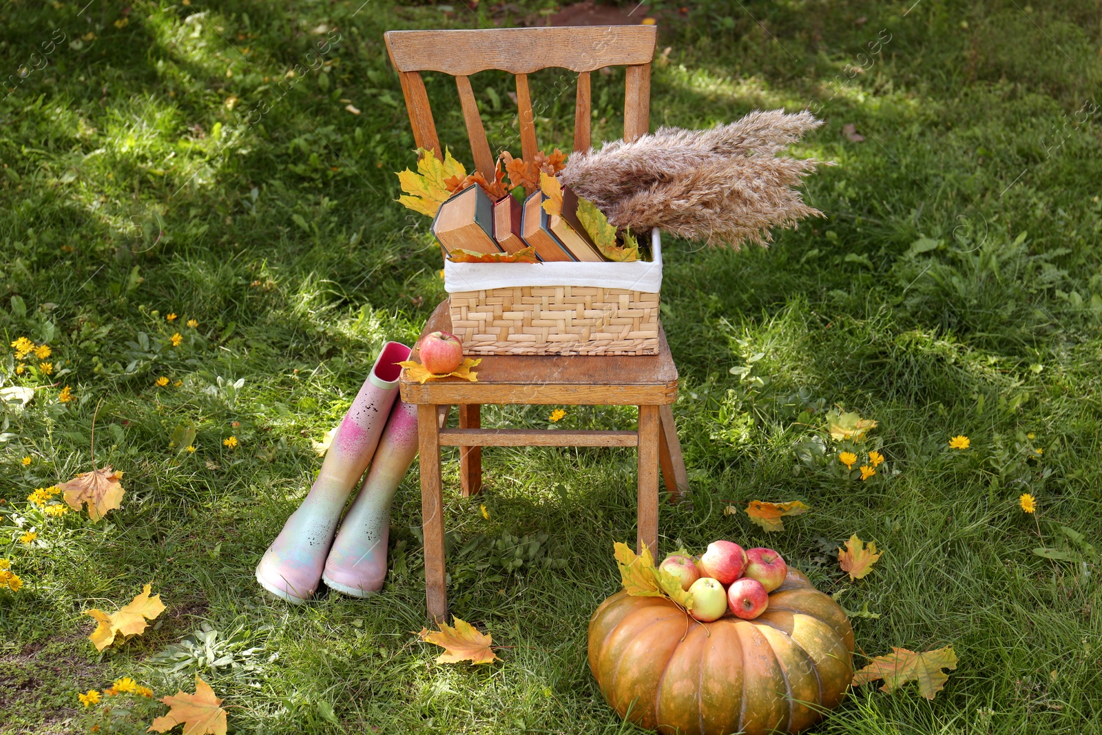 Photo of Rubber boots, chair, pumpkin and apples on green grass outdoors. Autumn atmosphere