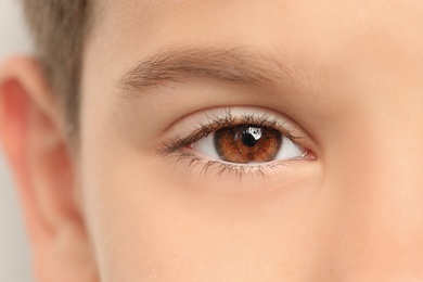 Photo of Little boy, closeup of eye. Visiting ophthalmologist