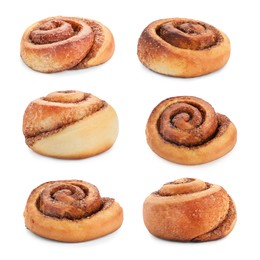 Image of Tasty cinnamon rolls isolated on white, set