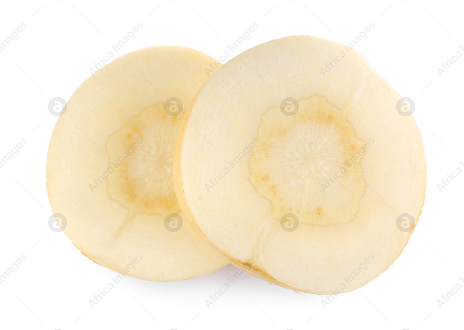 Photo of Tasty cut fresh ripe parsnip on white background, top view