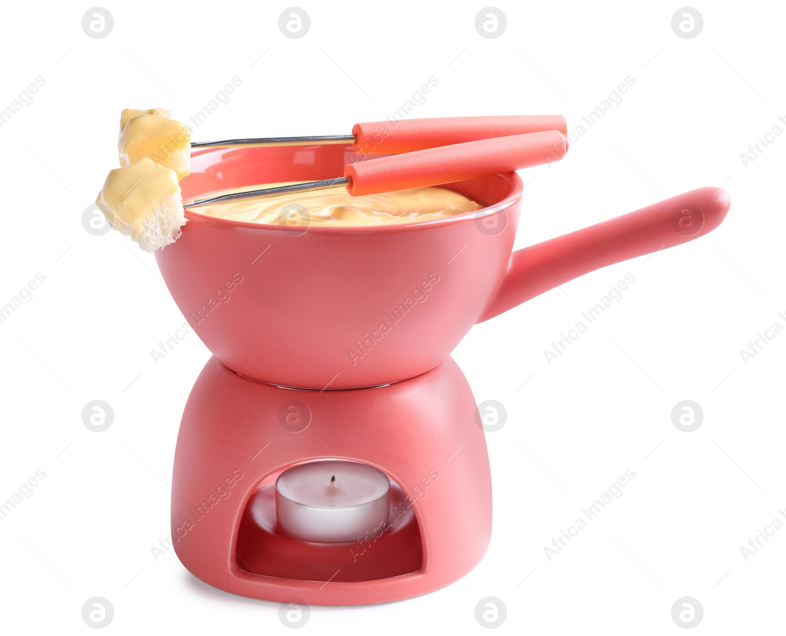 Photo of Pot of delicious cheese fondue and forks with bread on white background