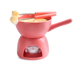 Photo of Pot of delicious cheese fondue and forks with bread on white background