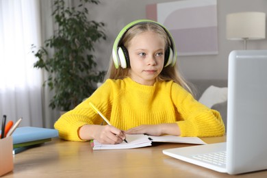 Photo of Cute little girl with modern laptop studying online at home. E-learning