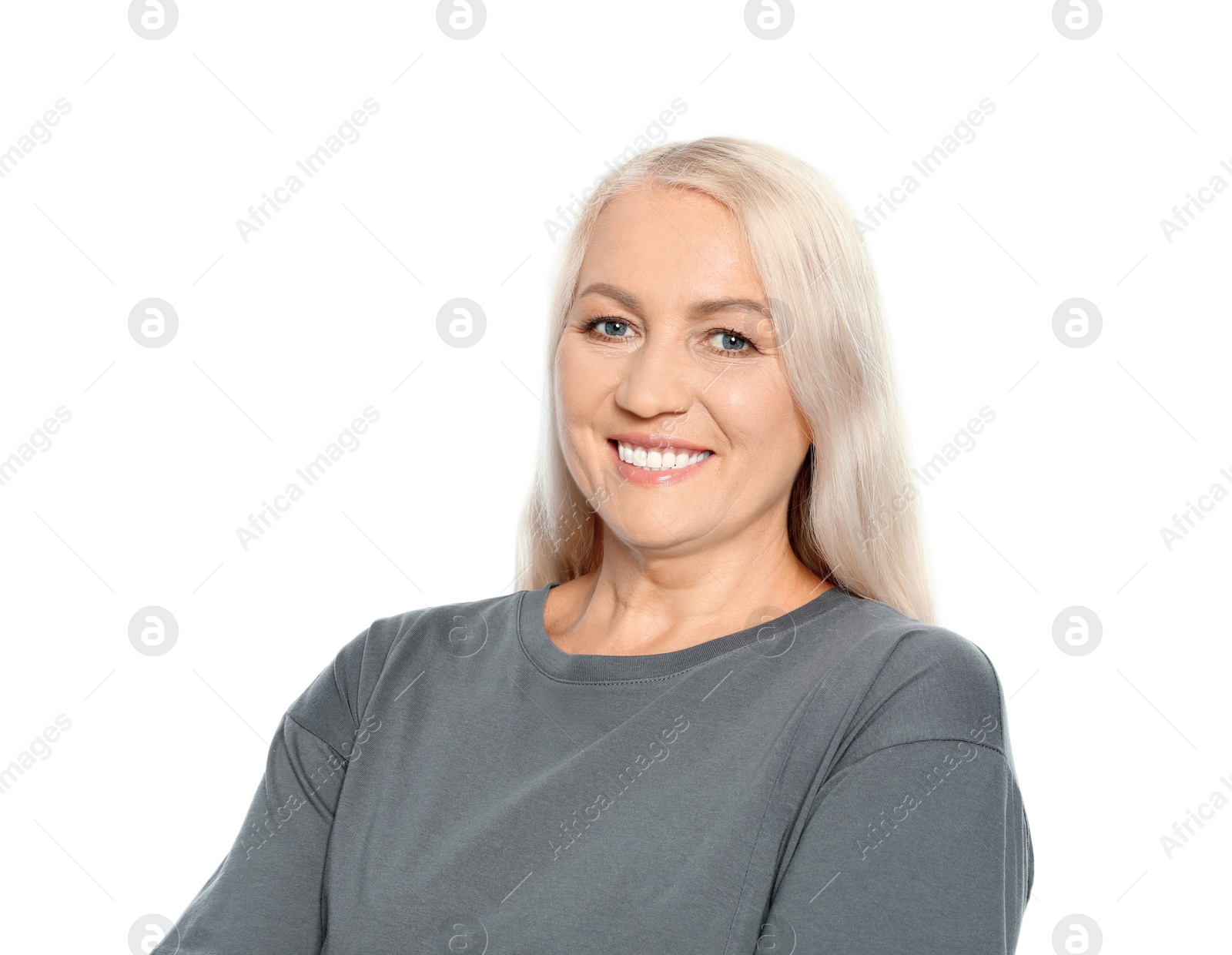 Photo of Portrait of mature woman with beautiful face on white background