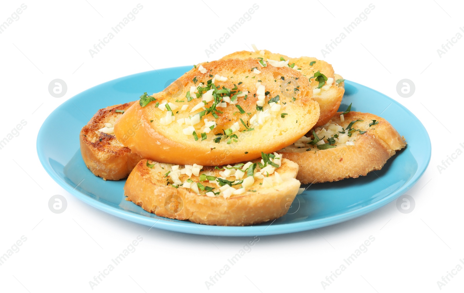 Photo of Plate with tasty homemade garlic bread isolated on white