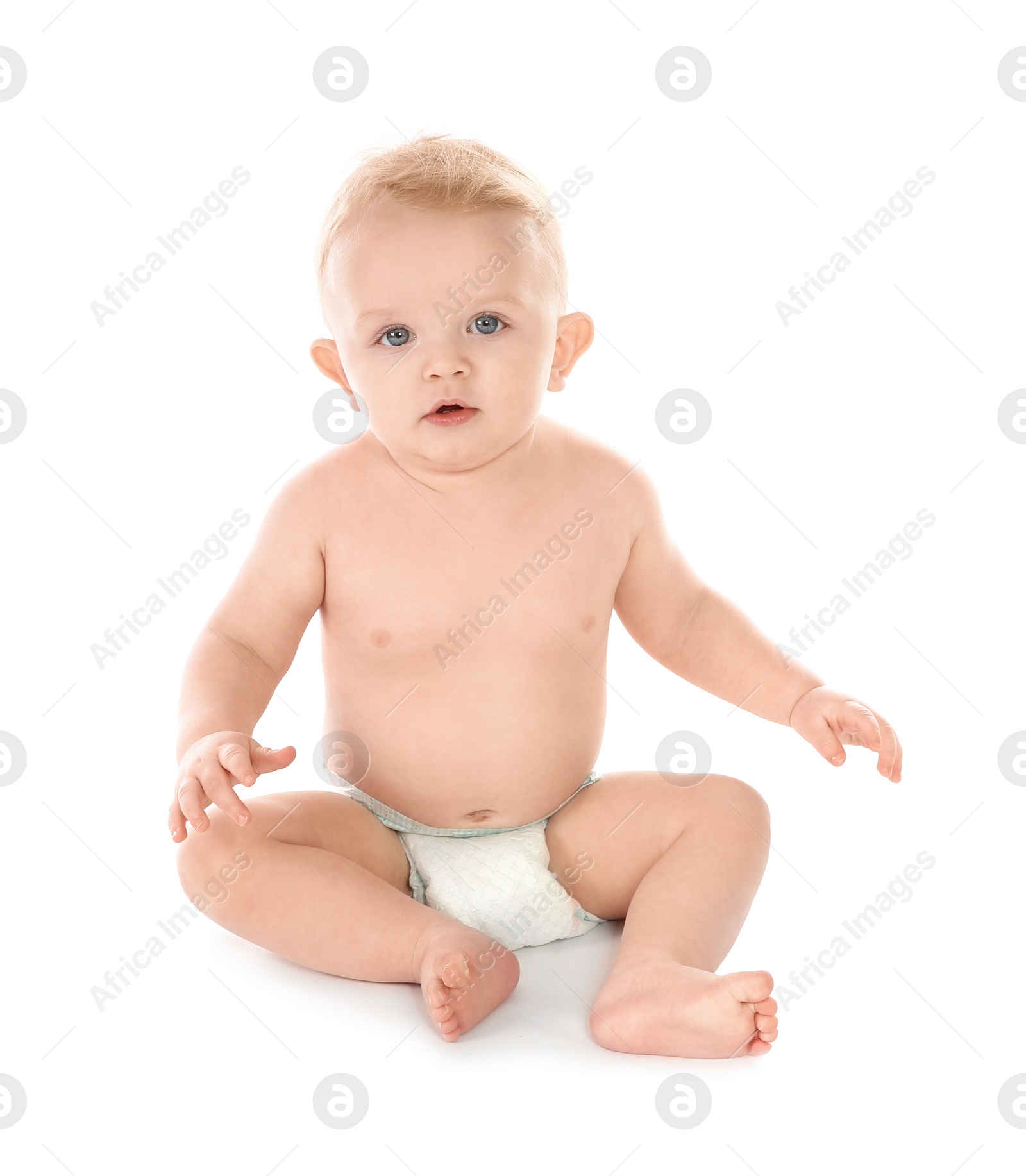 Photo of Cute little baby on white background. Crawling time