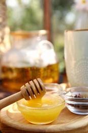 Photo of Delicious honey and dipper on wooden tray