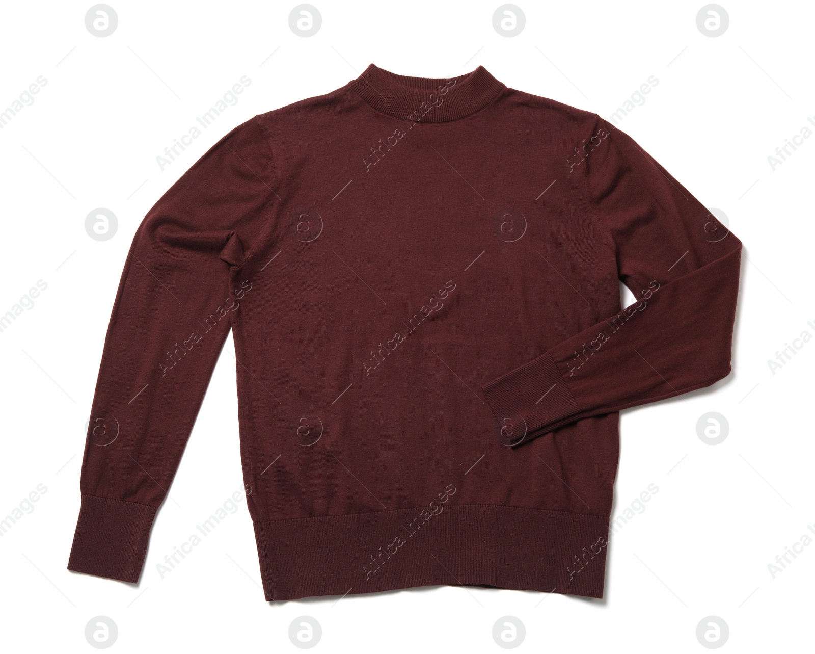 Photo of Stylish dark red sweater isolated on white, top view