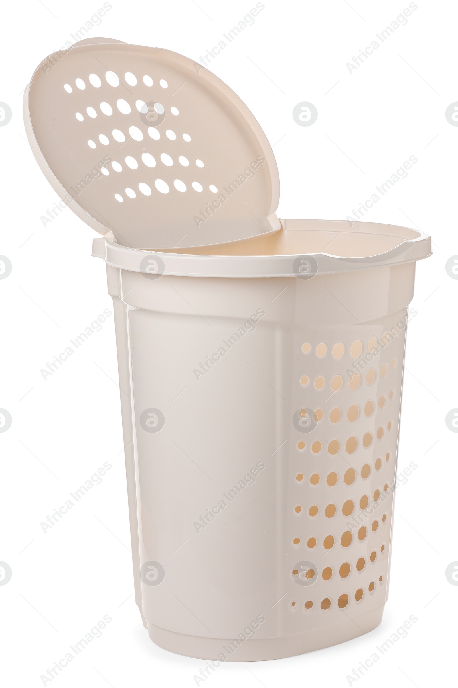 Photo of Open empty laundry basket isolated on white