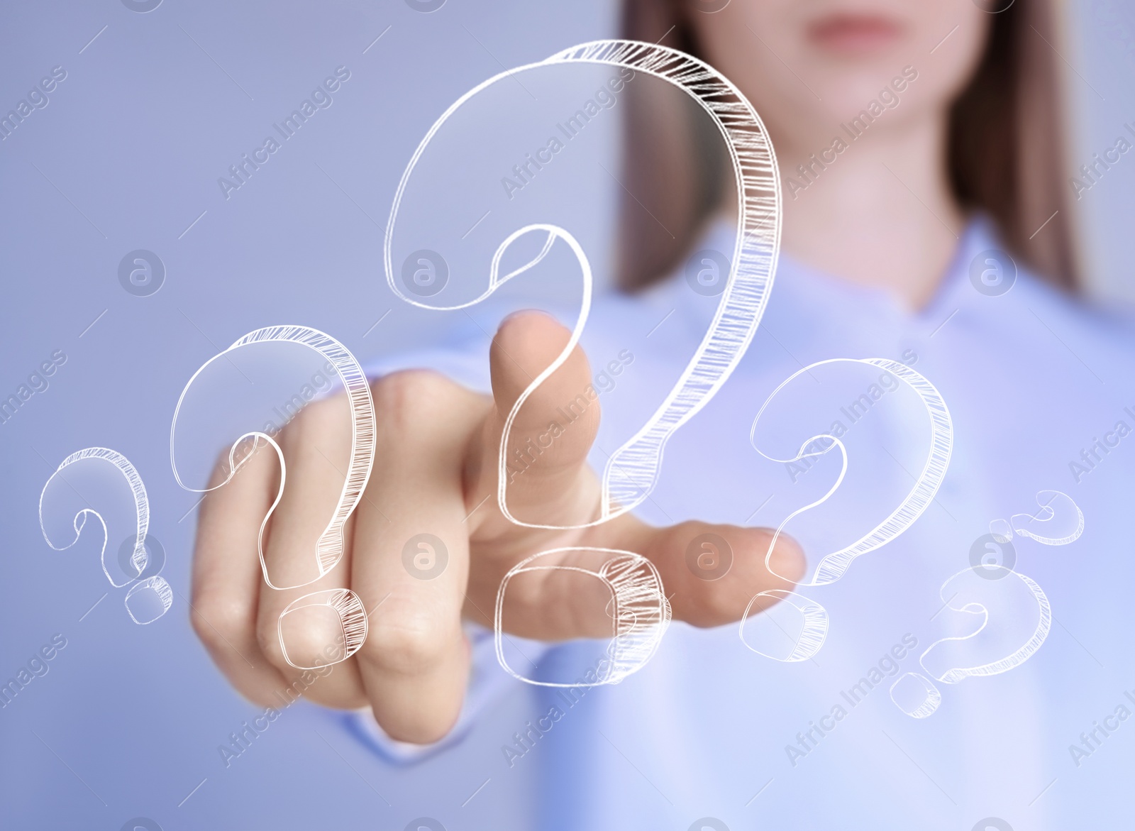 Image of Businesswoman on light background touching drawing of question mark