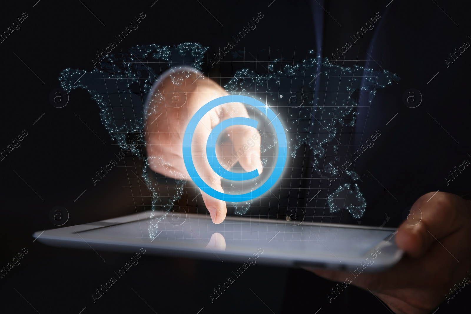 Image of Illustrations of world map, copyright symbol and man with tablet on dark background, closeup