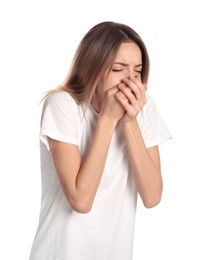 Photo of Woman suffering from nausea on white background. Food poisoning