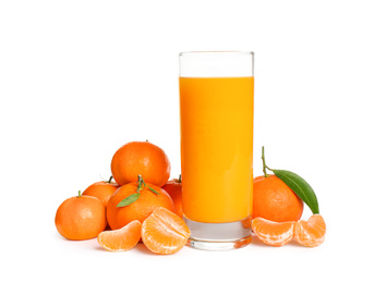 Fresh tangerines and glass of juice isolated on white