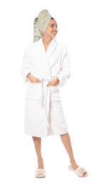 Photo of Beautiful young woman wearing bathrobe on white background