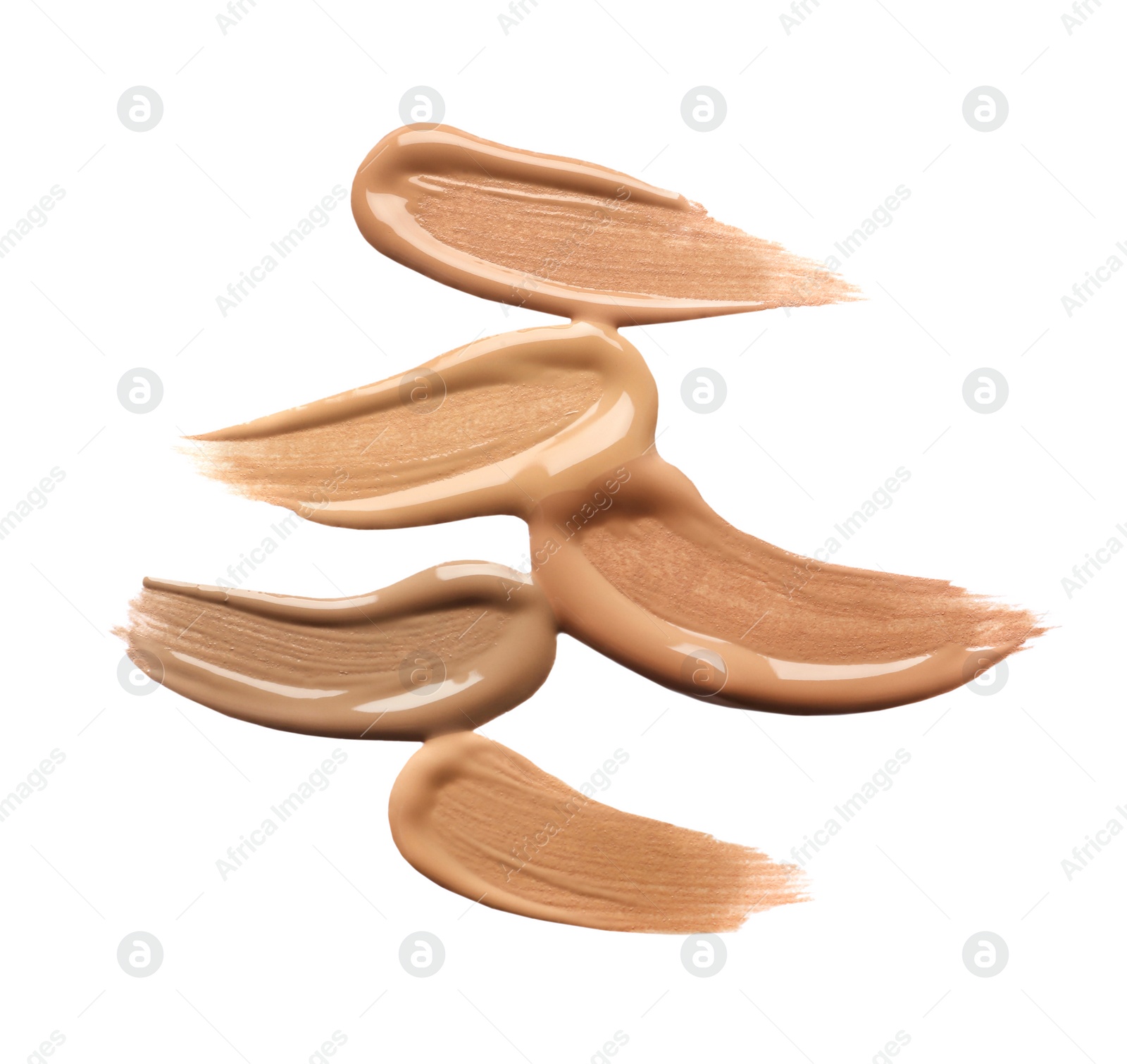 Photo of Samples of liquid skin foundation on white background, top view. Space for text