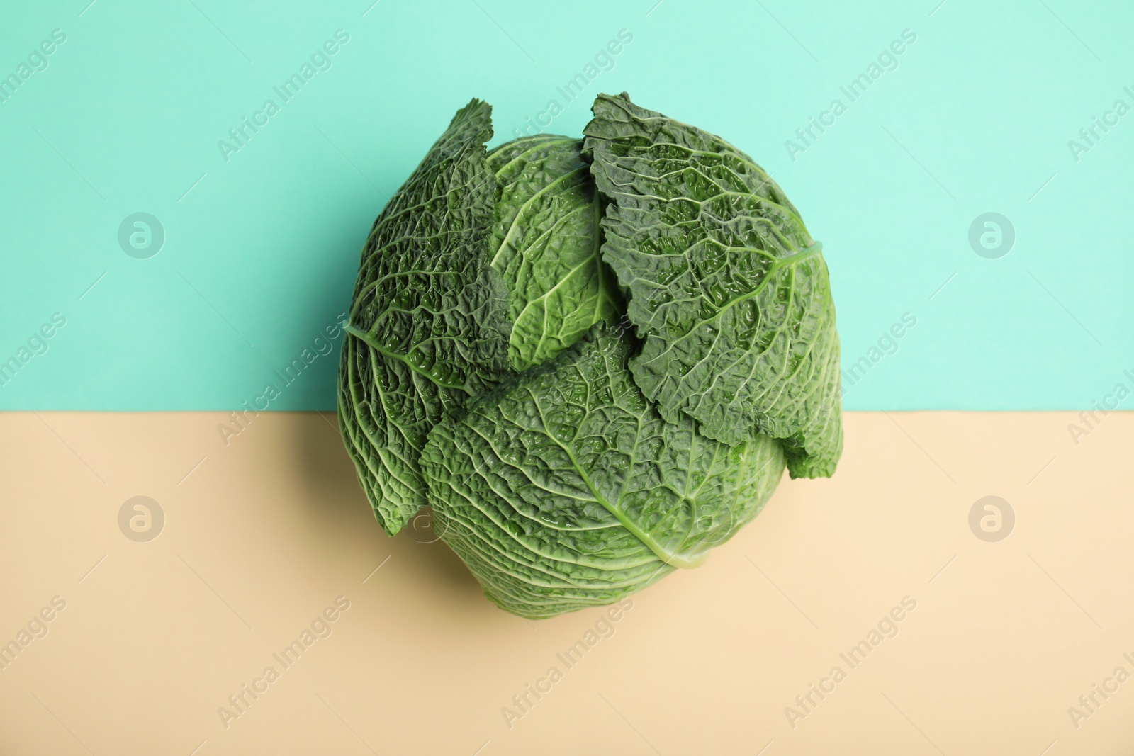 Photo of Fresh green savoy cabbage on color background, top view