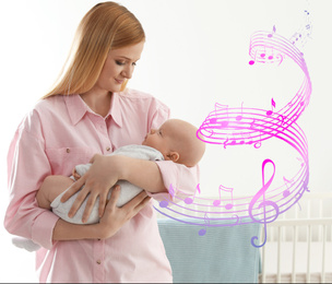 Image of Flying music notes and happy mother and her baby at home. Lullaby songs 