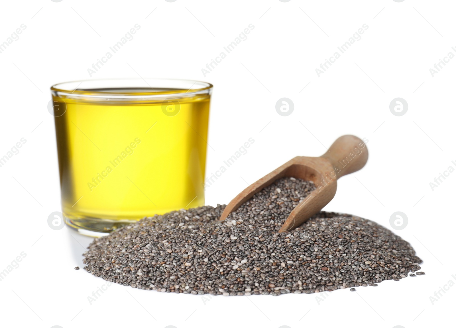 Photo of Chia seeds with scoop and glass of oil on white background