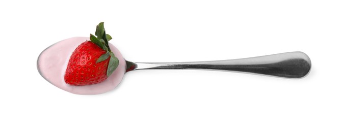 Photo of Spoon with yogurt and strawberry isolated on white, top view