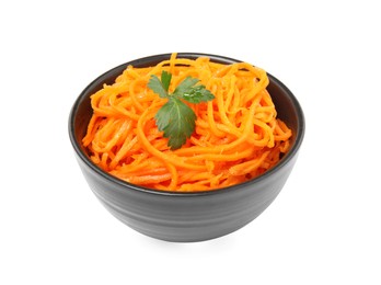 Photo of Delicious Korean carrot salad with parsley in bowl isolated on white