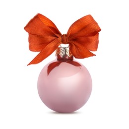 Photo of Beautiful pink Christmas ball with ribbon isolated on white