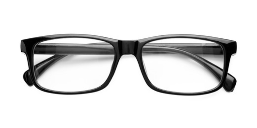 Photo of Stylish glasses with black frame isolated on white, top view