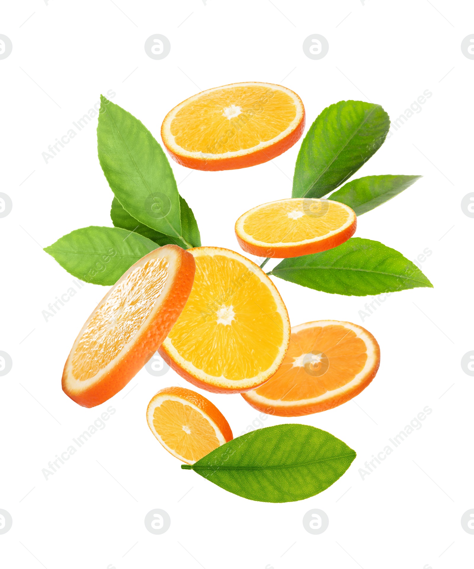 Image of Juicy orange slices and green leaves flying on white background