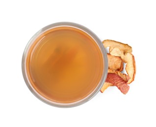 Delicious compot with dried apple slices on white background, top view