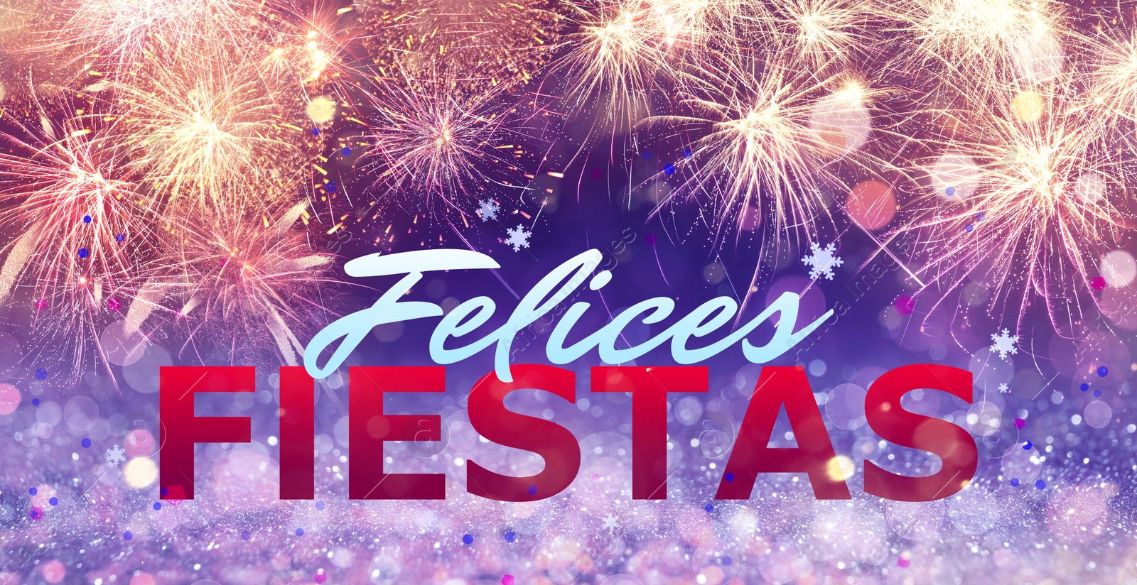 Image of Felices Fiestas. Festive greeting card with happy holiday's wishes in Spanish on bright background