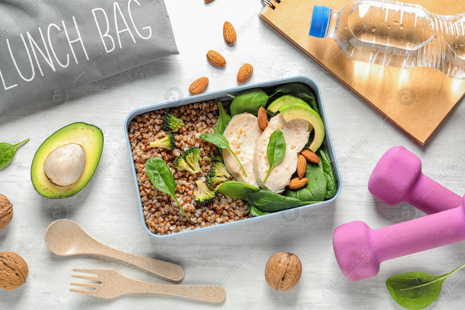 Photo of Flat lay composition with container of natural protein food on light background