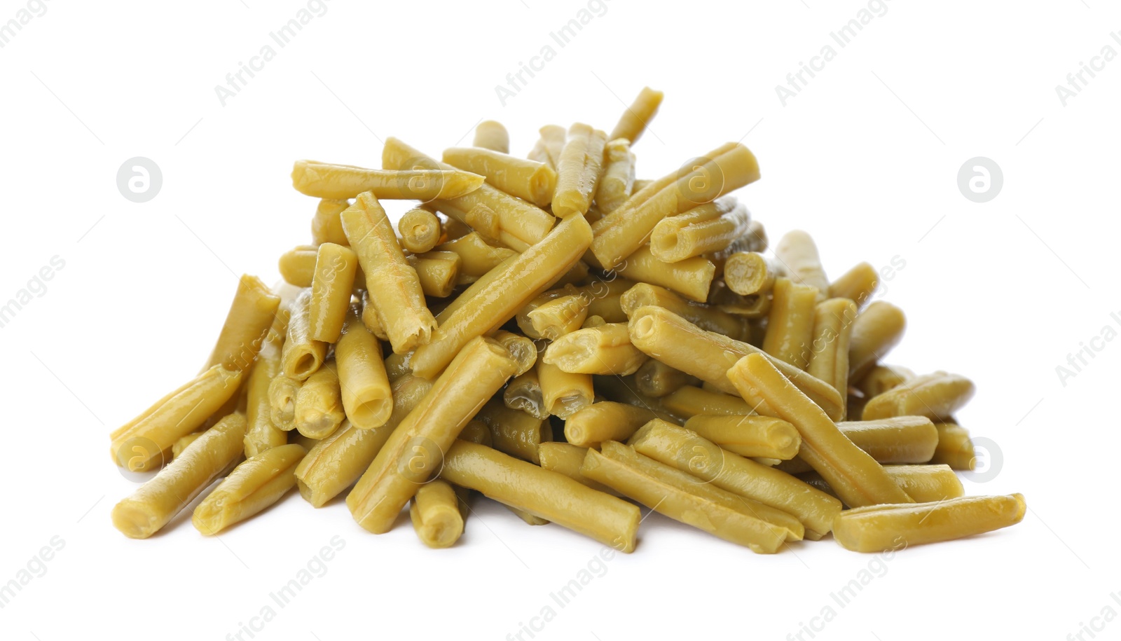 Photo of Pile of canned green beans on white background