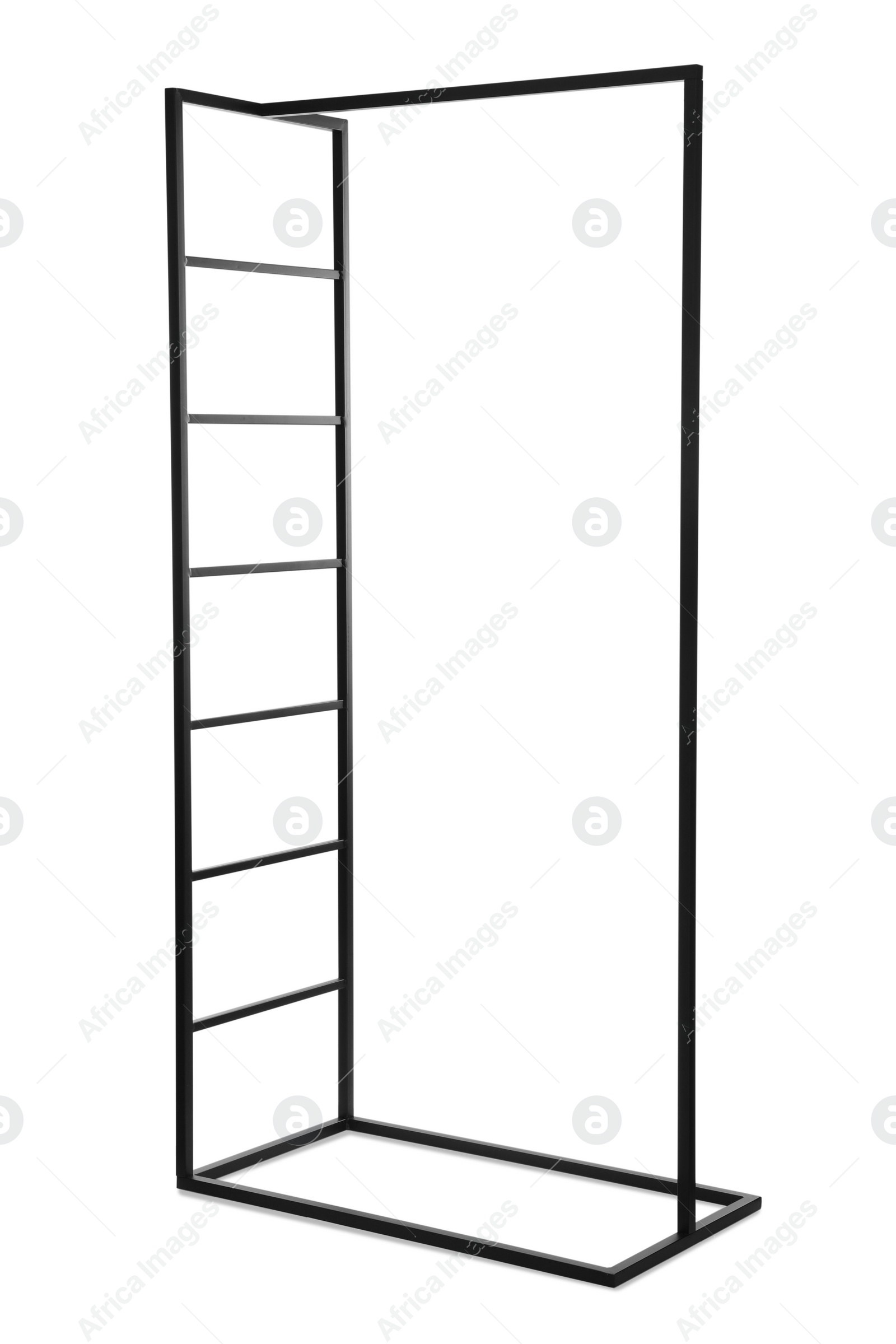 Photo of Stylish empty metal rack on white background