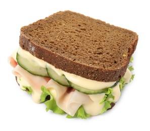Photo of Delicious sandwich with vegetables, ham and mayonnaise isolated white