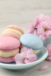 Delicious colorful macarons and pink flowers on light grey table, closeup