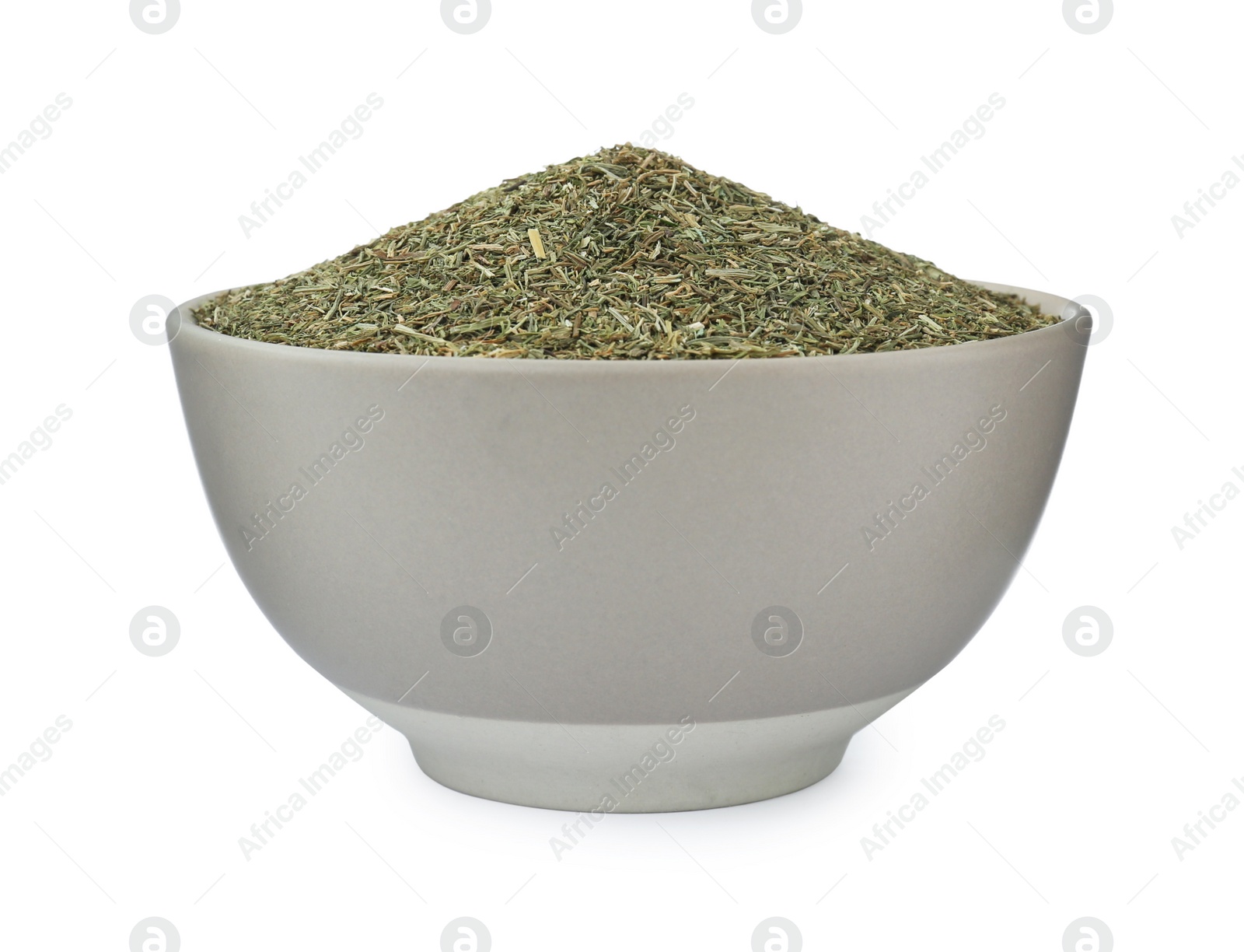 Photo of Bowl with aromatic dry dill on white background