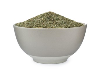 Photo of Bowl with aromatic dry dill on white background