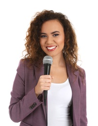 Photo of African-American woman in suit posing with microphone on white background