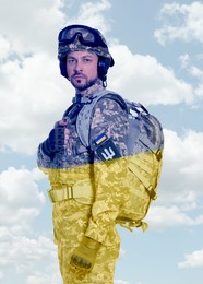 Multiple exposure of sky with clouds, Ukrainian flag and soldier in military uniform