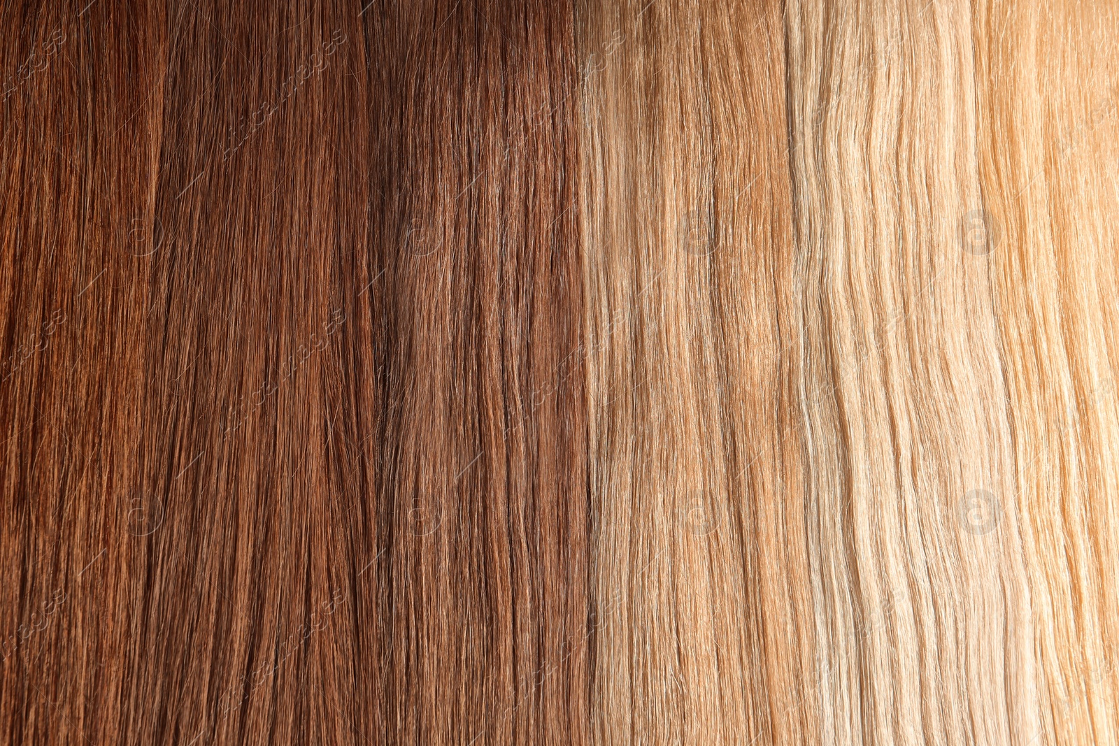 Photo of Strands of different color hair as background, closeup