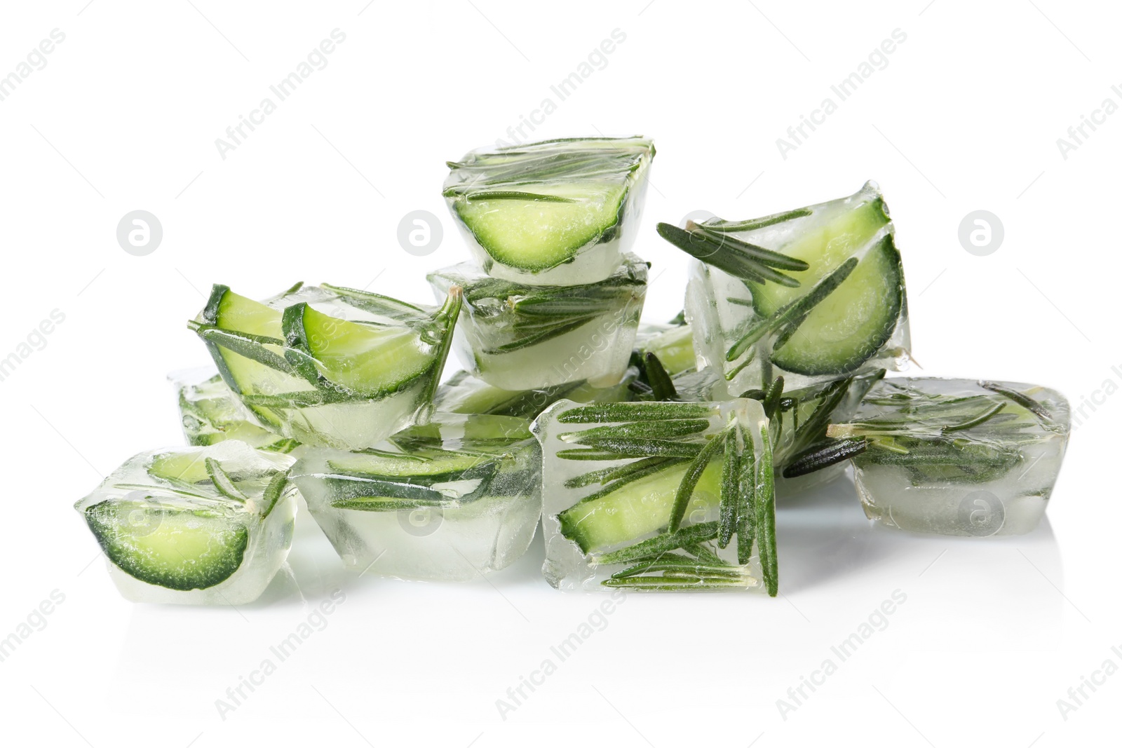 Photo of Ice cubes with cucumber slices and rosemary on white background