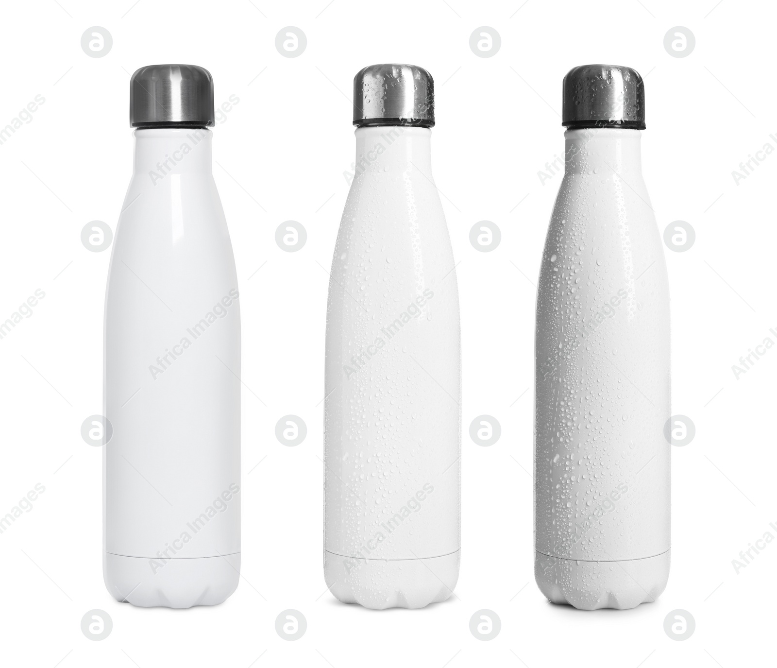 Image of Set with stylish closed thermo bottles on white background