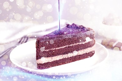 Delicious chocolate cake on light table, closeup. Tasty dessert for Chirstmas dinner