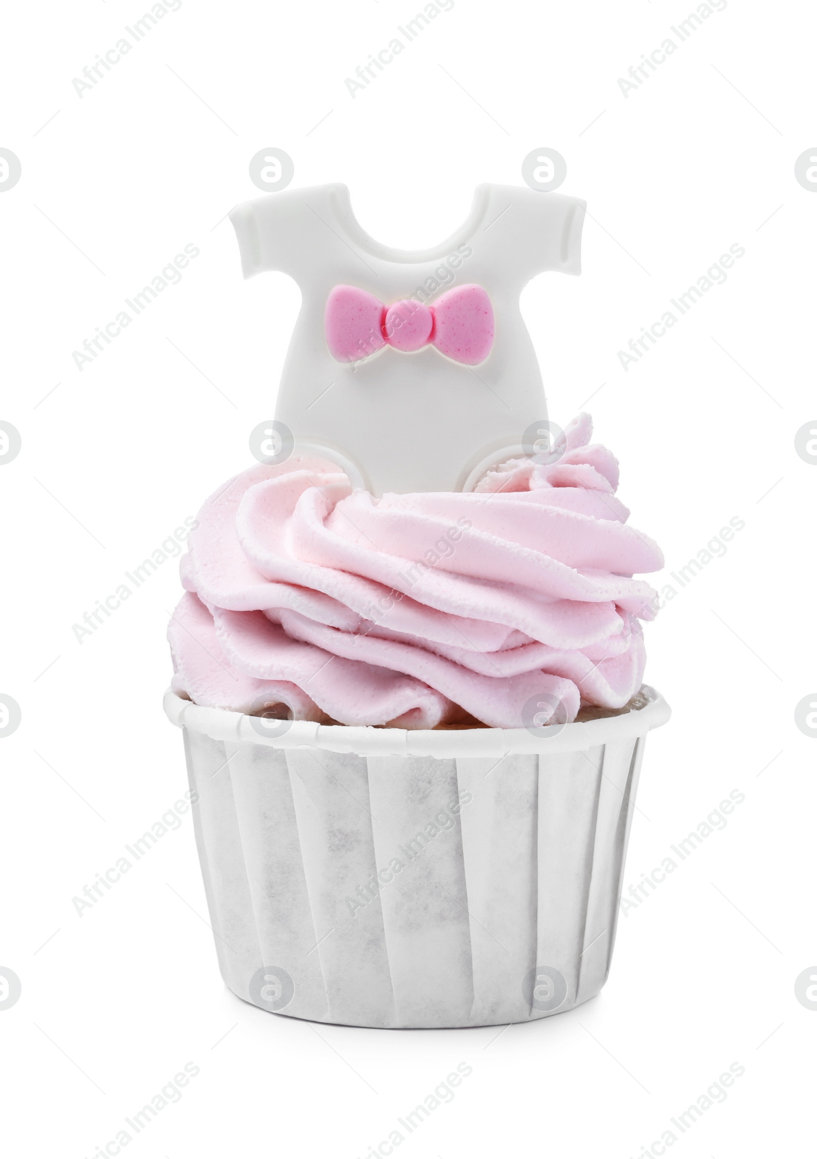 Photo of Beautifully decorated baby shower cupcake for girl with pink cream and topper on white background